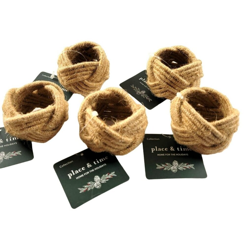 Napkin Rings 2 inch Brown Woven Natural Tan Set of 5 NWT  JH1826